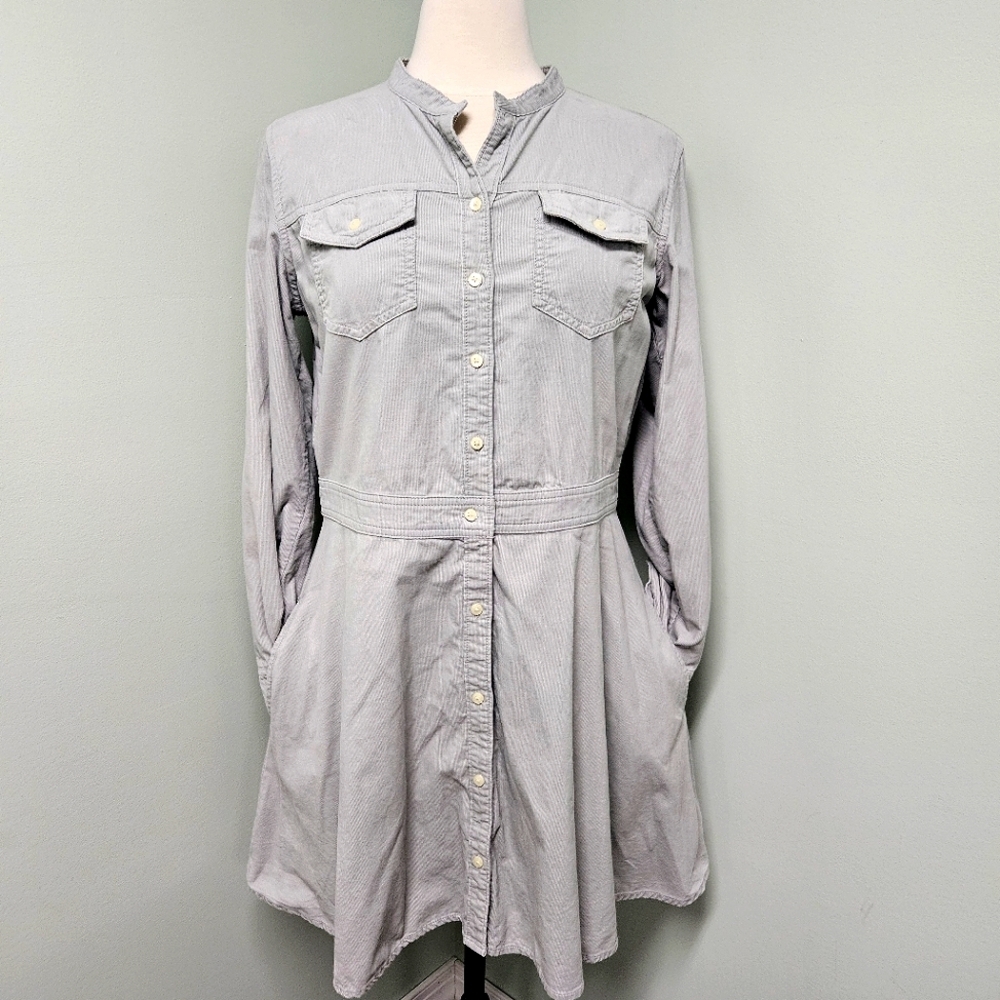 Gap Corduroy Button Up Dress Pockets Light Gray Sz 10